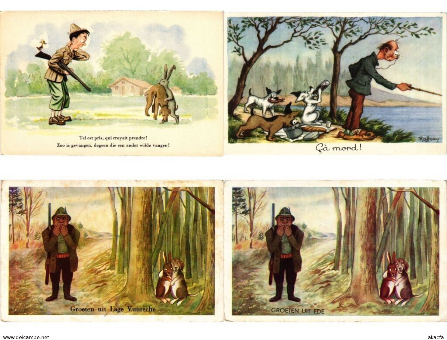 HUNTING FISHING HUMOR COMIC, 33 Old Postcards pre-1950 (L6206)