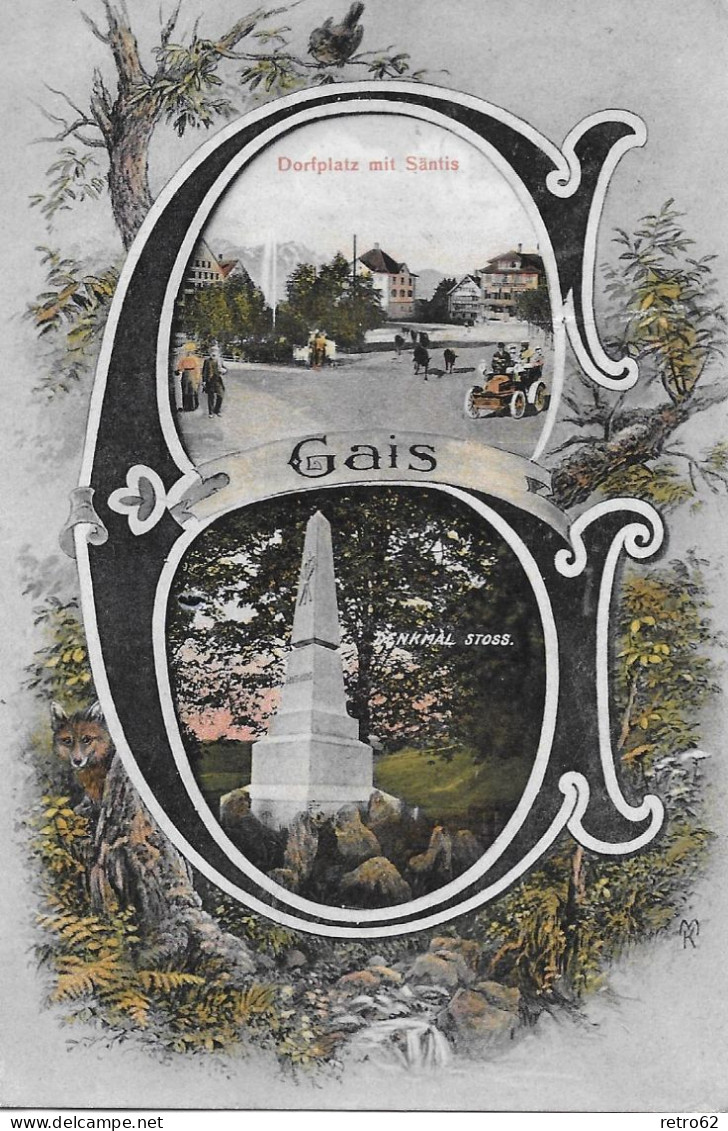 GAIS ► Mehrbild-Karte Mit Dorfplatz Und Denkmal Stoss Anno 1909 - Gais