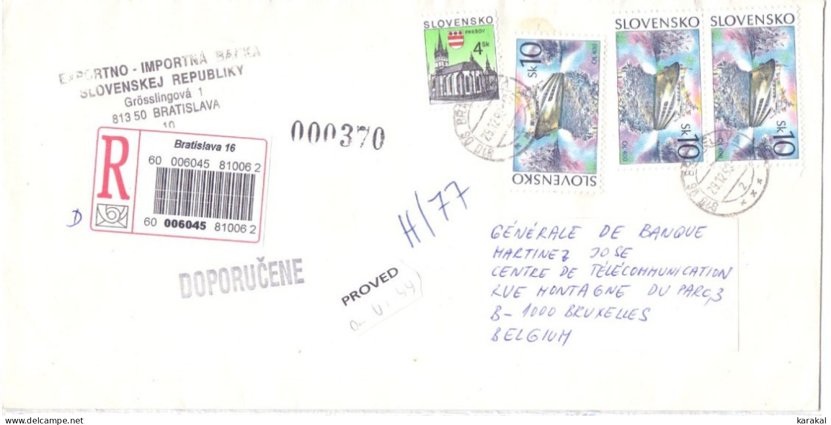 Bank Mail Slovakia Slovaquie Registered Letter Recommandée From Bratislava To Bruxelles Belgium 1998 - Cartas & Documentos