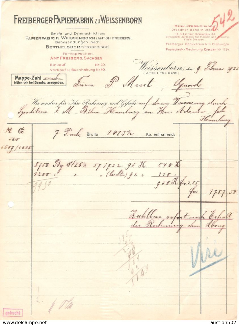 Rechnung 1923 Freiberger Papierfabrik Zu Weissenborn > Belgien Gand - Stamperia & Cartoleria