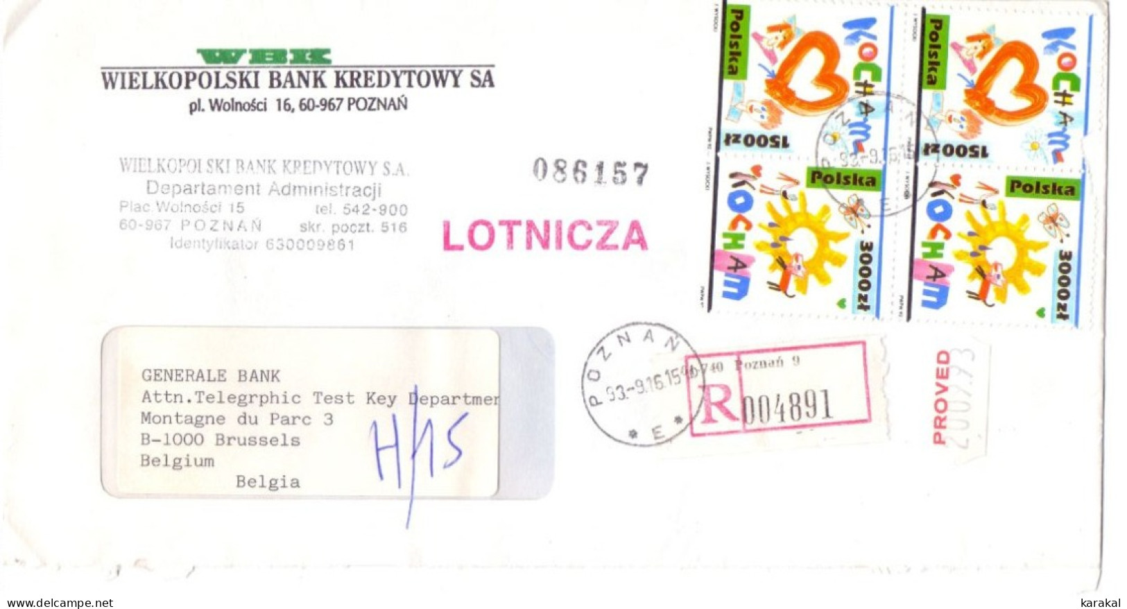 Bank Mail Poland Pologne Registered Letter Recommandée From Poznan To Bruxelles Belgium 1993 - Brieven En Documenten