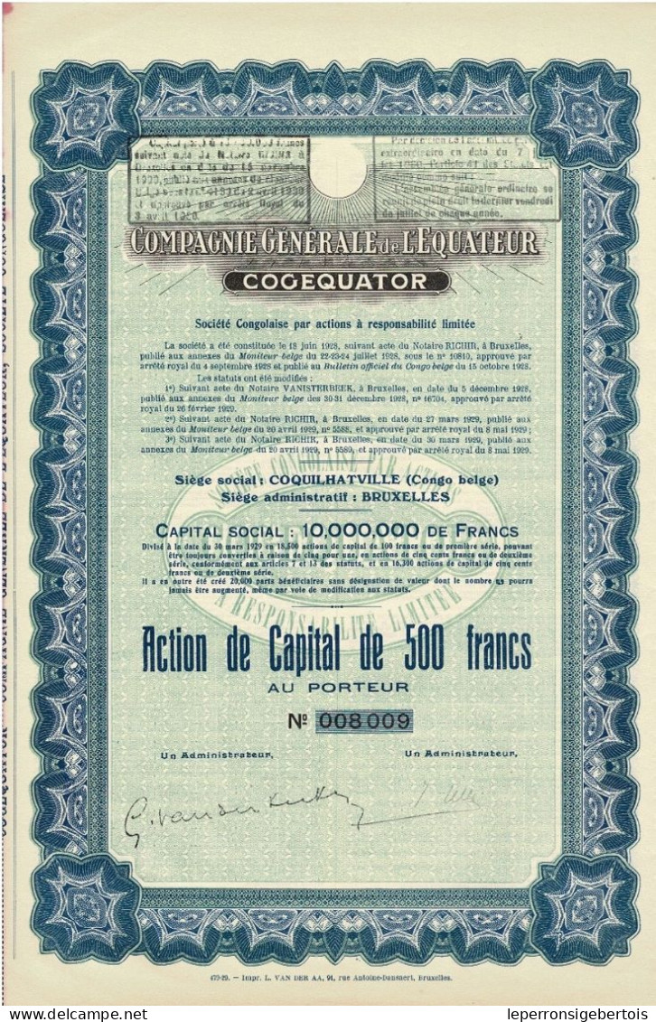 Titre De 1929 - Compagnie Générale De L'Equateur - COGEQUATOR -Société Congolaise Par Actions à Reponsabilité Limitée - - Afrique