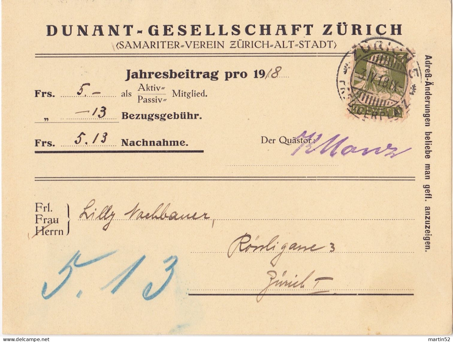 Schweiz Suisse 1918: Zu+Mi 139 Yv 140 NN-Karte (remboursement) DUNANT-GESELLSCHAFT O ZÜRICH 3.IV.18  (Zu CHF 4.00) - Henry Dunant