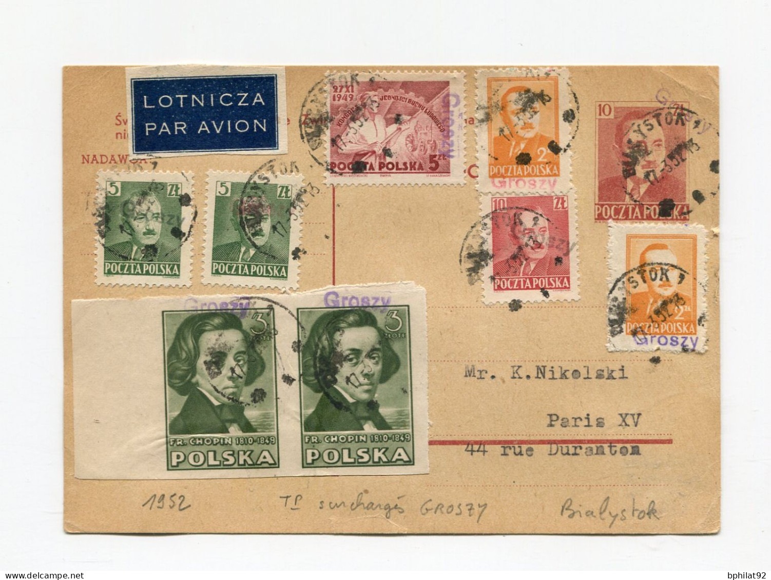 !!! POLOGNE, CARTE POSTALE PAR AVION DE BIALYSTOK POUR PARIS DE 1952 AVEC TIMBRES SURCHARGES GROSZY - Briefe U. Dokumente