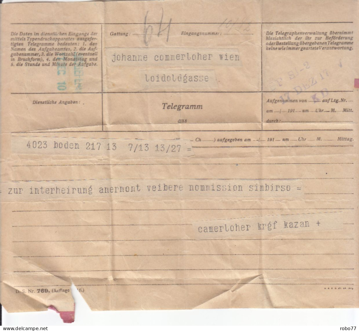 Telegram. Austria , Wien, Kazan (L09002) - Telegraph