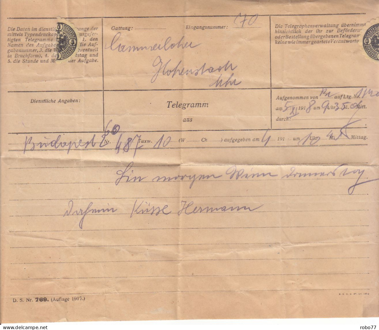 Telegram. Budapest, Hohenstadt (L09003) - Telegraph