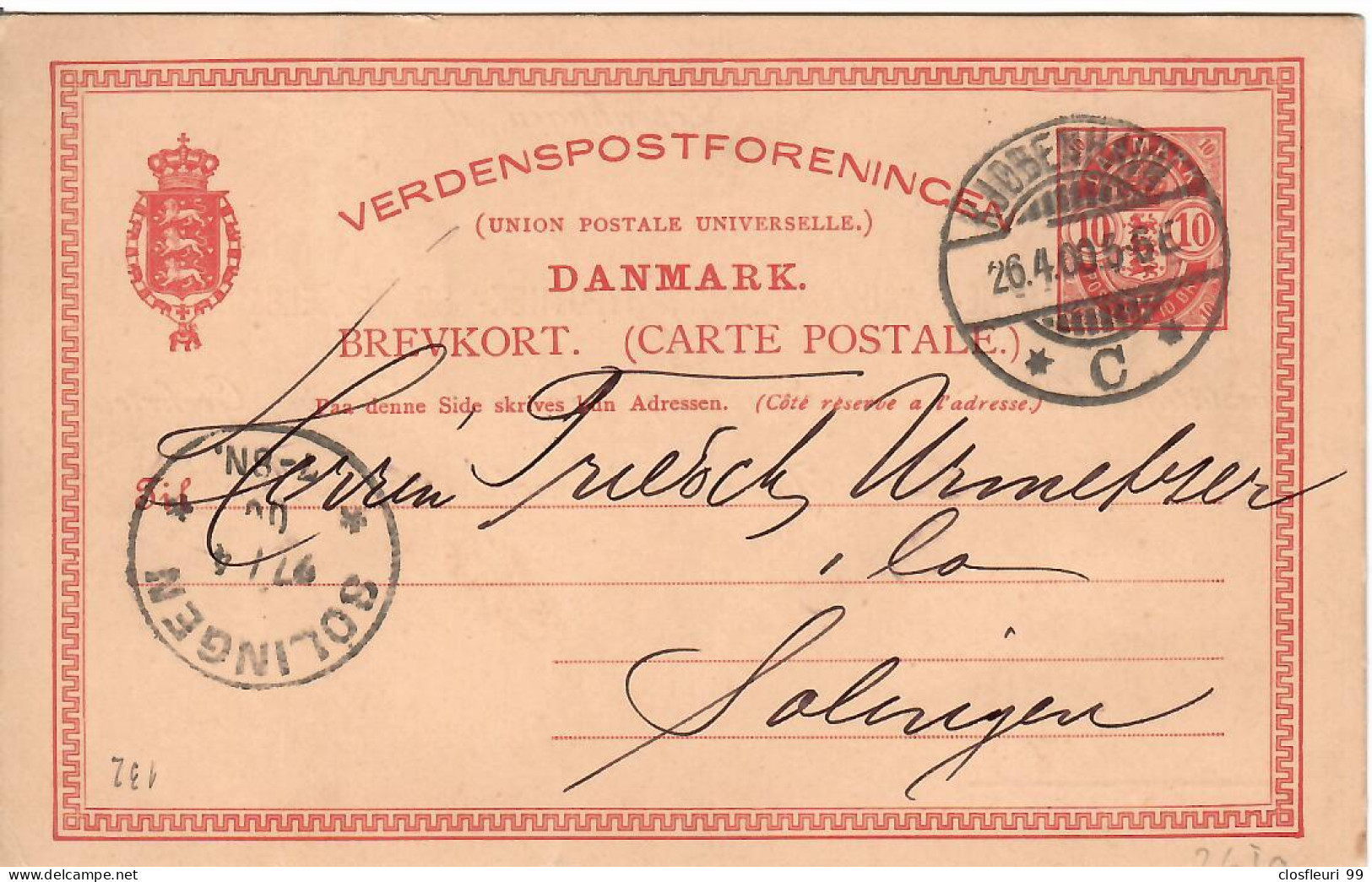 Brevkort 26.4.1900 / Privat Ganzsache Nach Solingen - Paquetes Postales