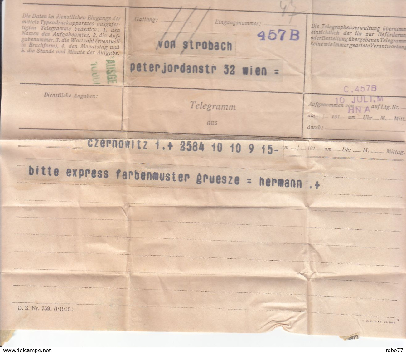 Telegram. Wien, Czernowitz (L09004) - Télégraphe