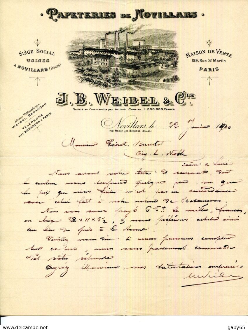 FACTURE.25.DOUBS.NOVILLARS.ROCHE LES BEAUPRE.PAPETERIES J.B.WEIBEL & Cie. - Imprenta & Papelería