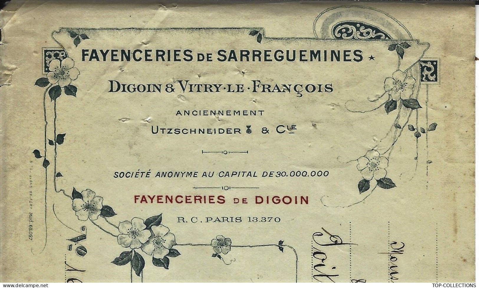 FAIENCE  FAYENCE 1931 ENTETE TRAITE  MANDAT FISCAL FAYENCERIES De SARREGUEMINES DIGOIN & VITRY LE FRANCOIS  V.HISTORIQUE - 1900 – 1949