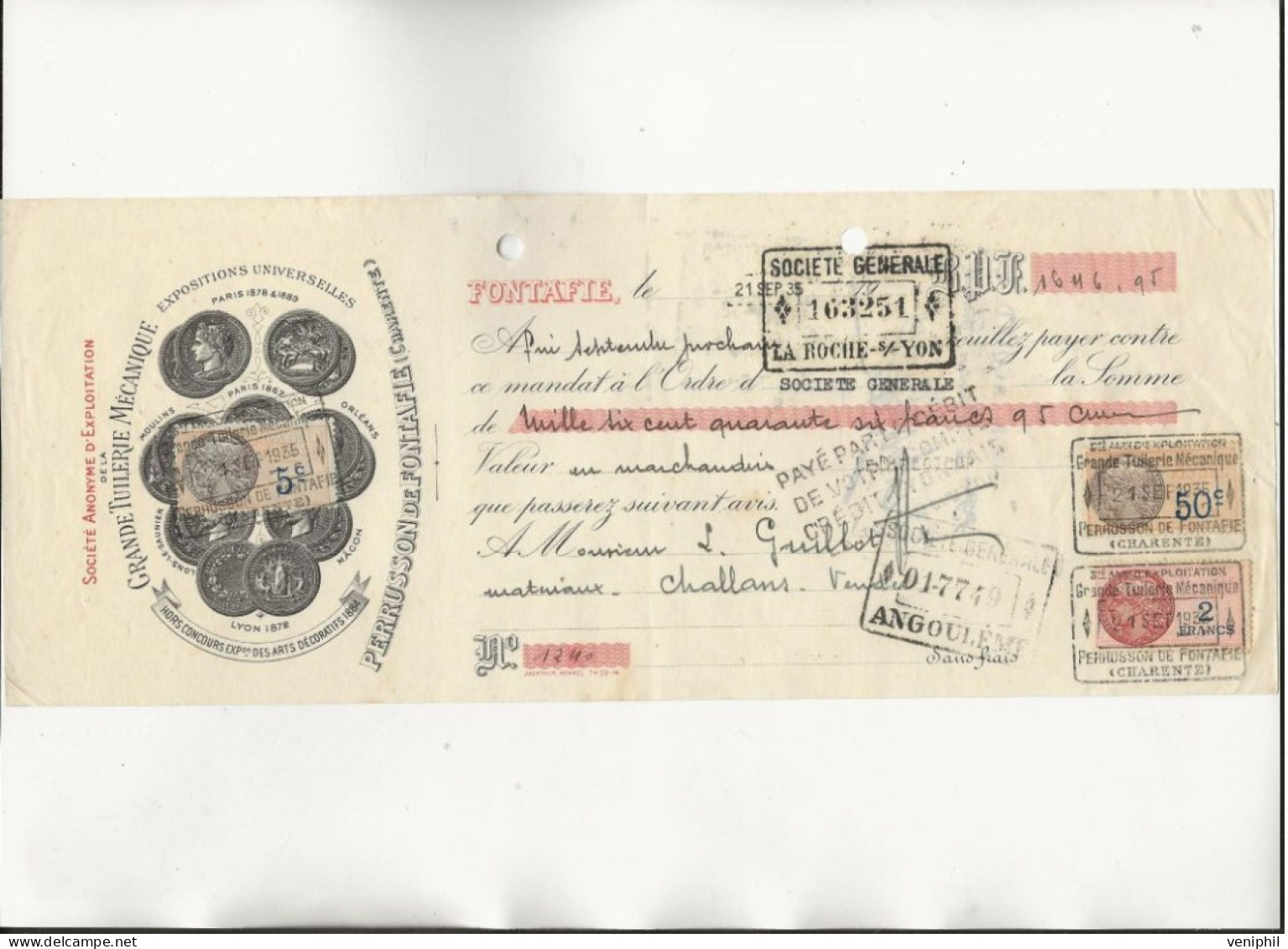 LETTRE DE CHANGE TIMBREE - 1935 - GRANDE TUILERIE MECANIQUE -- PERRUSSON DE FONTAFIE  ( CHARENTE ) - Cambiali