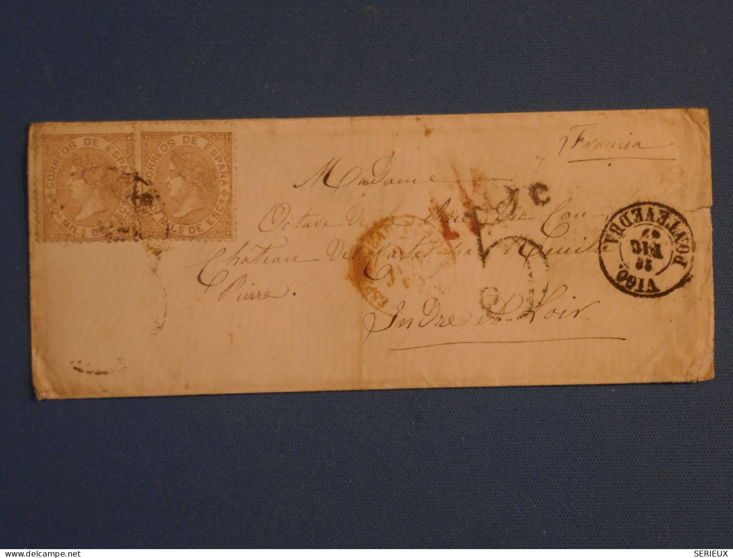 BS5 ESPANA   BELLE  LETTRE 1867 VIGO  A  CHATEAU LAVALLIERE FRANCIA+TAXE 5 ++ AFF INTERESSANT++++ - Brieven En Documenten