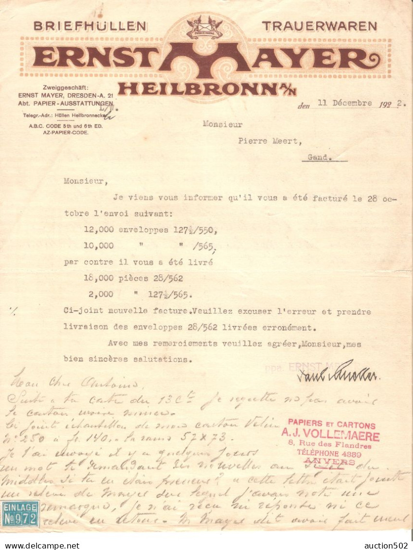 Rechnung 1922 Ernst Mayer Heilbronn A/n Briefhüllen Trauerwaren Abt Papier-Ausstattungen > Belgien Gand - Imprimerie & Papeterie