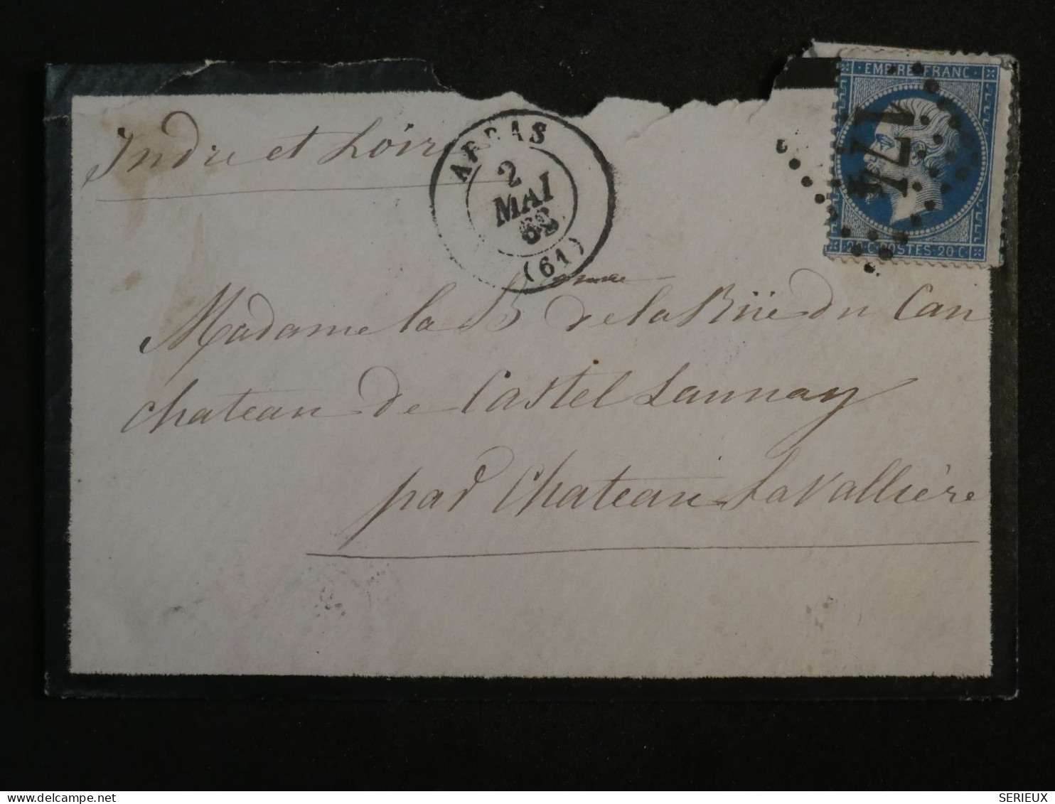 BS5 FRANCE   LETTRE  1863 ARRAS  A  CHATEAU LAVALIERE FRANCE +N°22+ AFF INTERESSANT++++ - 1862 Napoléon III.