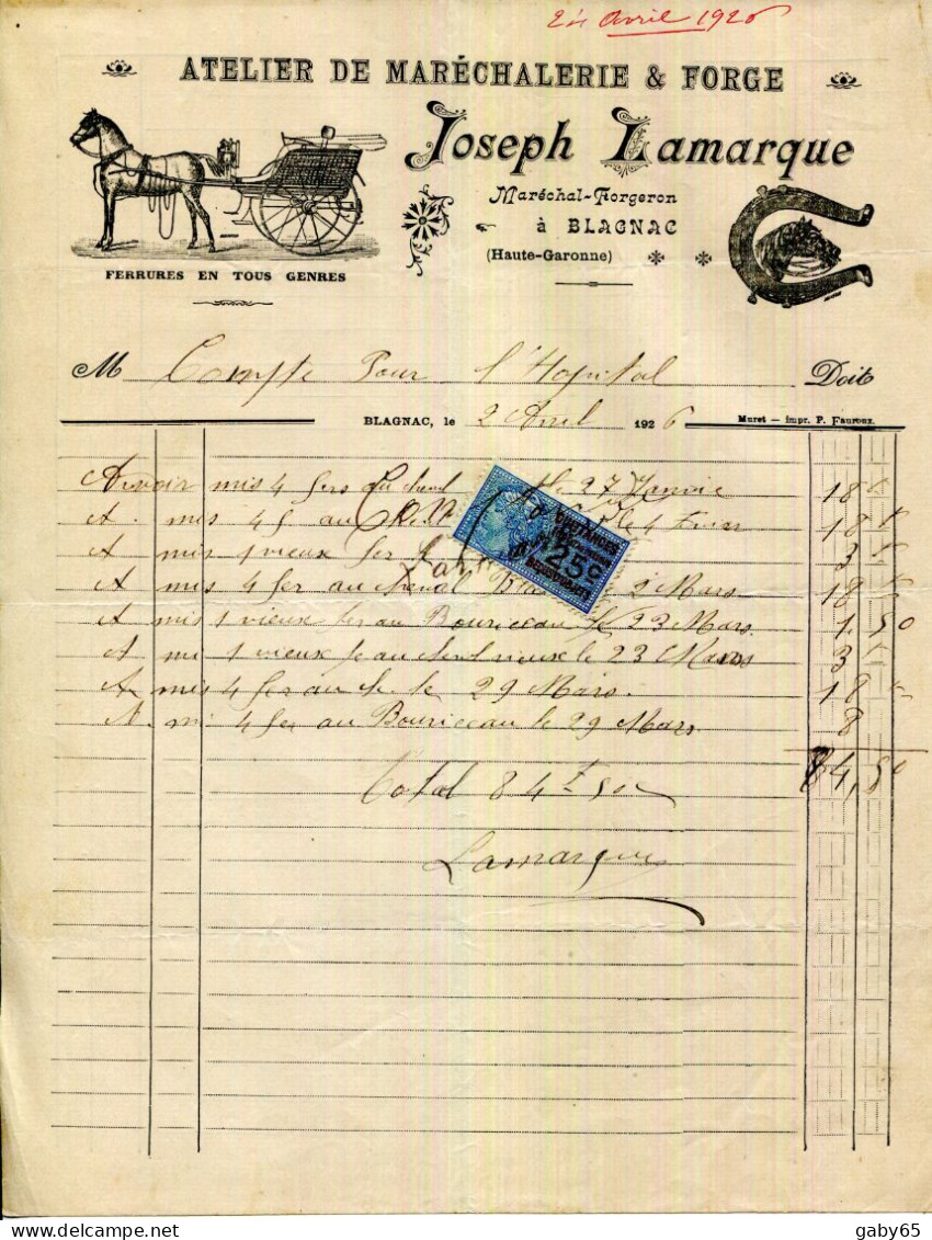 FACTURE.31.BLAGNAC.ATELIER DE MARECHALERIE & FORGE.JOSEPH LAMARQUE MARECHAL-FORGERON. - Straßenhandel Und Kleingewerbe