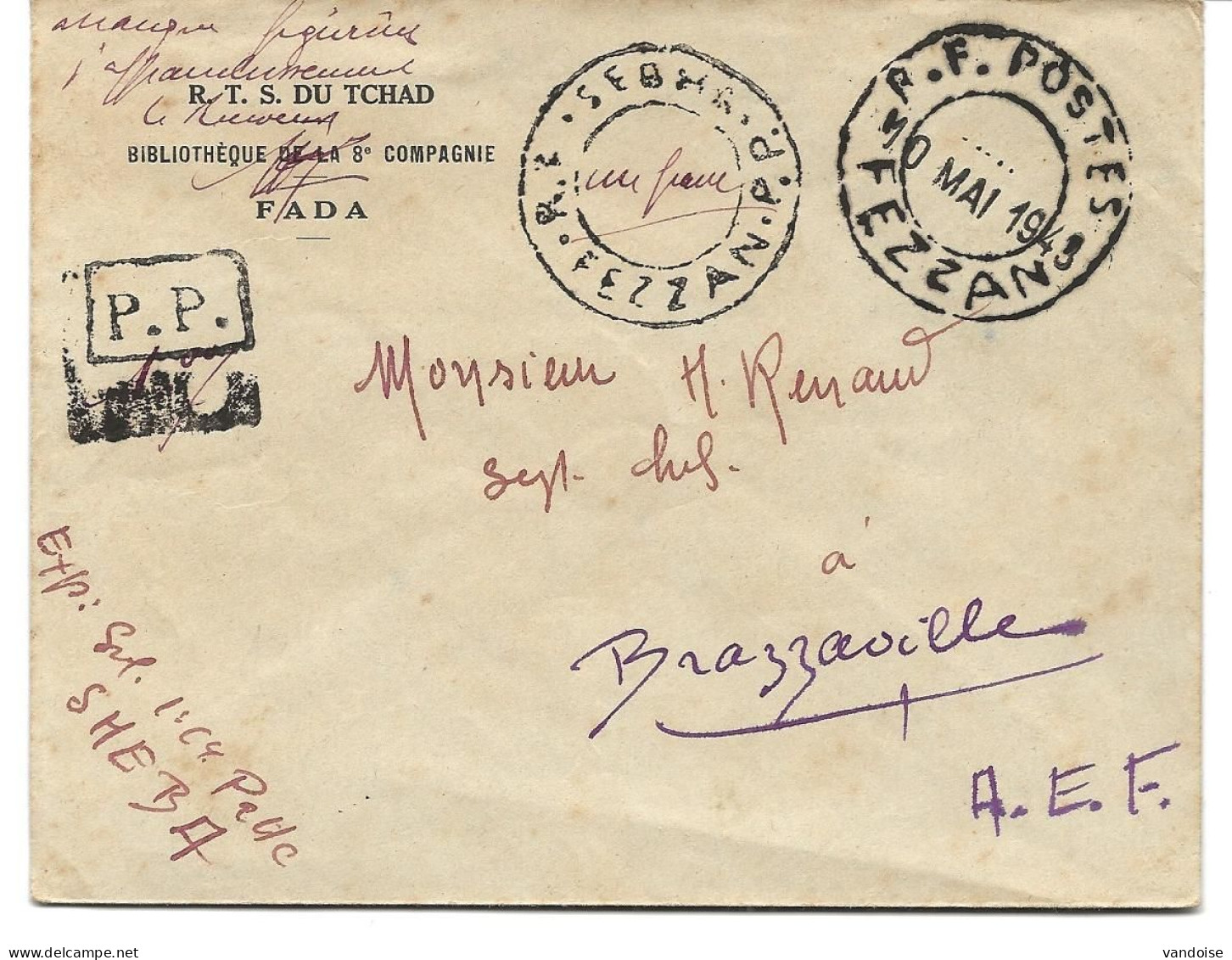 LETTRE 1943 AVEC CACHET P.P. SHEBA FEZZAN - AFFRANCHISSEMENT DE 1 FRANC EN NUMERAIRE - - Lettres & Documents