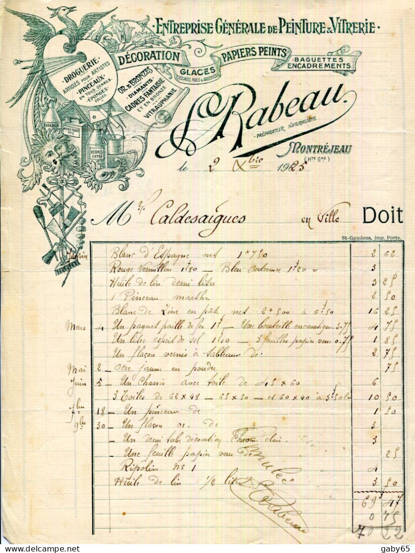 FACTURE.31.MONTREJEAU.DECORATION.PAPIERS PEINTS.ENTREPRISE DE VITRERIE & PEINTURE.L.RABEAU. - Petits Métiers