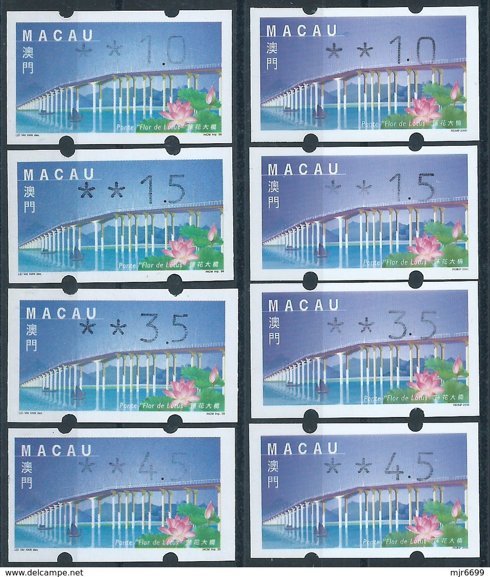 MACAU ATM LABELS, 1999+2000 LOTUS FLOWER BRIDGE ISSUE + REPRINT, BOTH BOTTOM SET. INK COLOR IS DIFFERENT TO EACH SET - Automaten