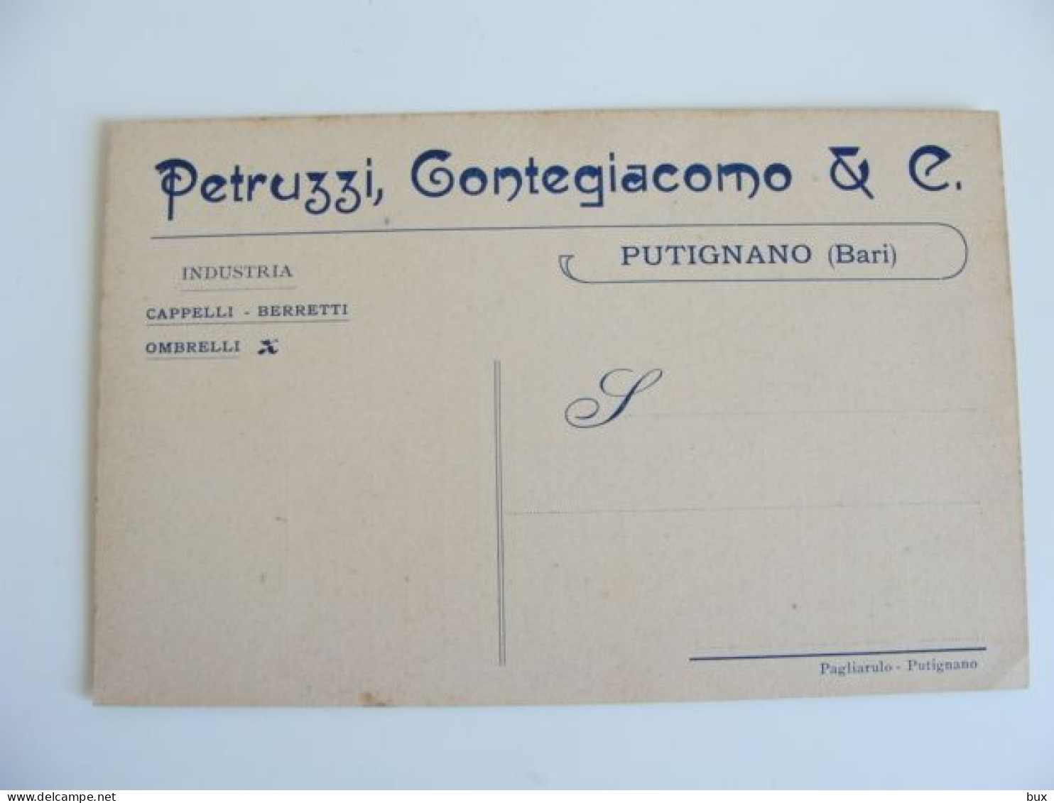 PETRUZZI CONTEGIACOMO PUTIGNANO INDUSTRIA CAPPELLI BERRETTI OMBRELLI COMMERCIO   COMMERCIO  COLORE BEIGE - Marchands