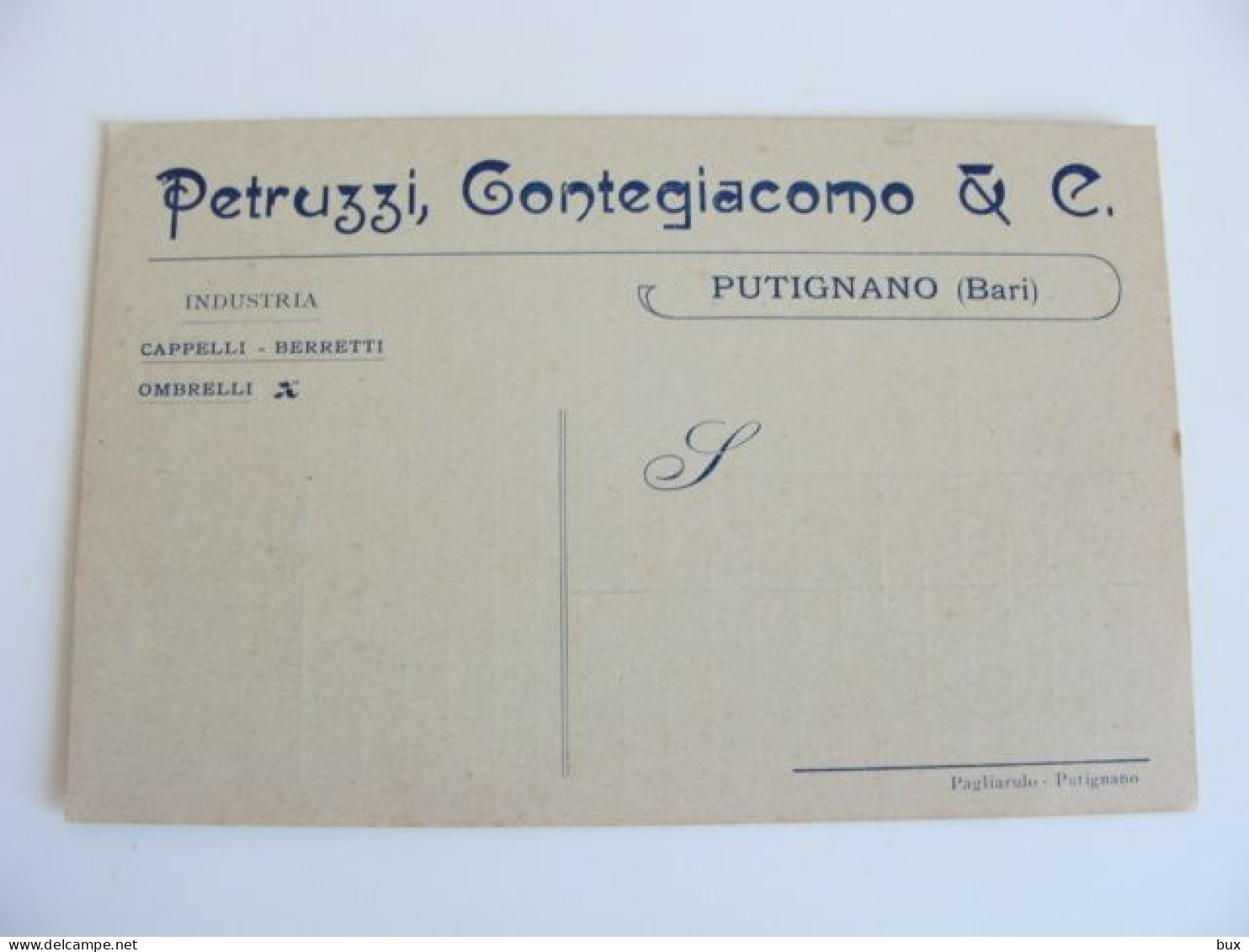 PETRUZZI CONTEGIACOMO PUTIGNANO INDUSTRIA CAPPELLI BERRETTI OMBRELLI COMMERCIO   COMMERCIO  COLORE VERDINA - Marchands