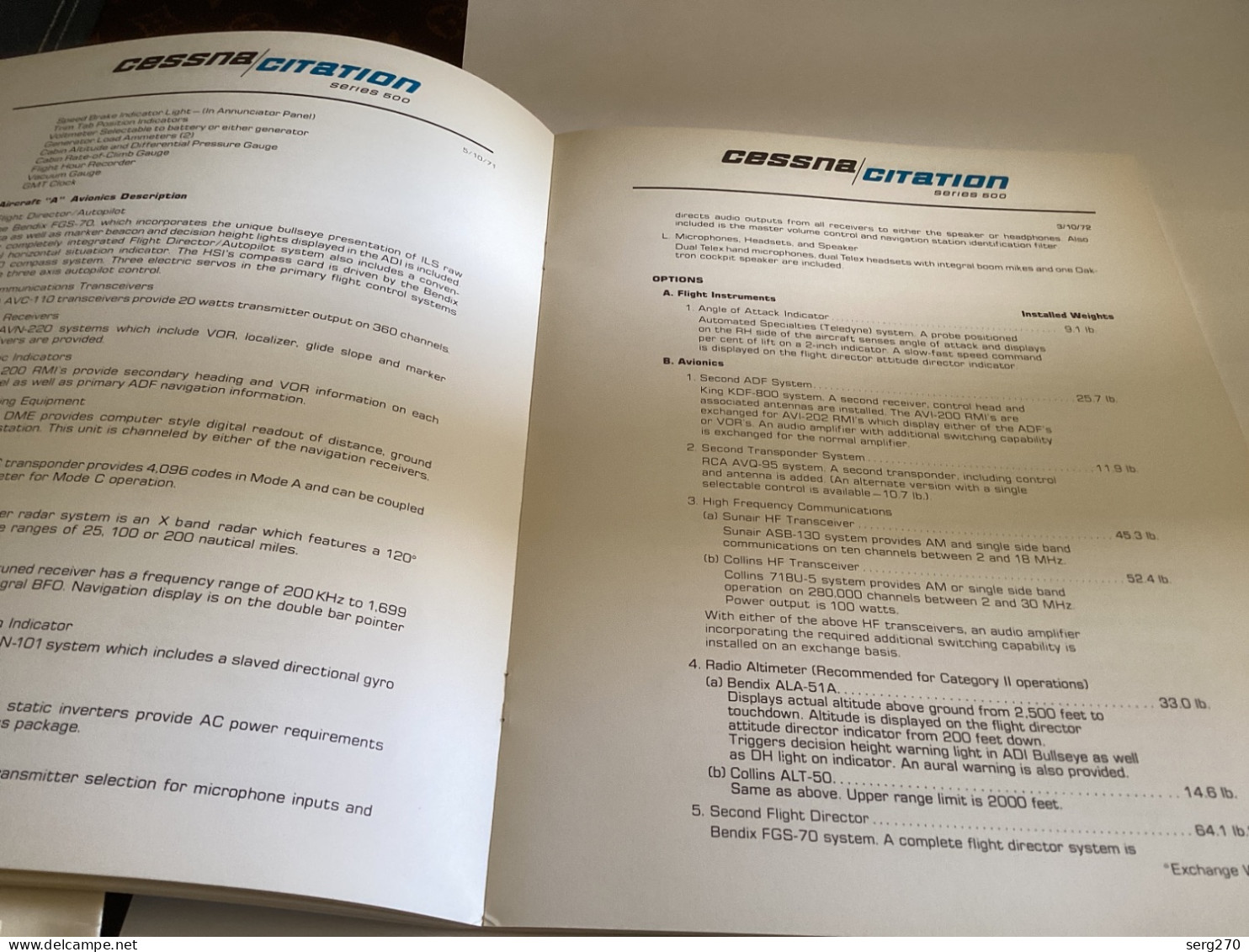 Avion aviation CESSNA  citation series 500SPECIFICATION AND DESCRIPTION
