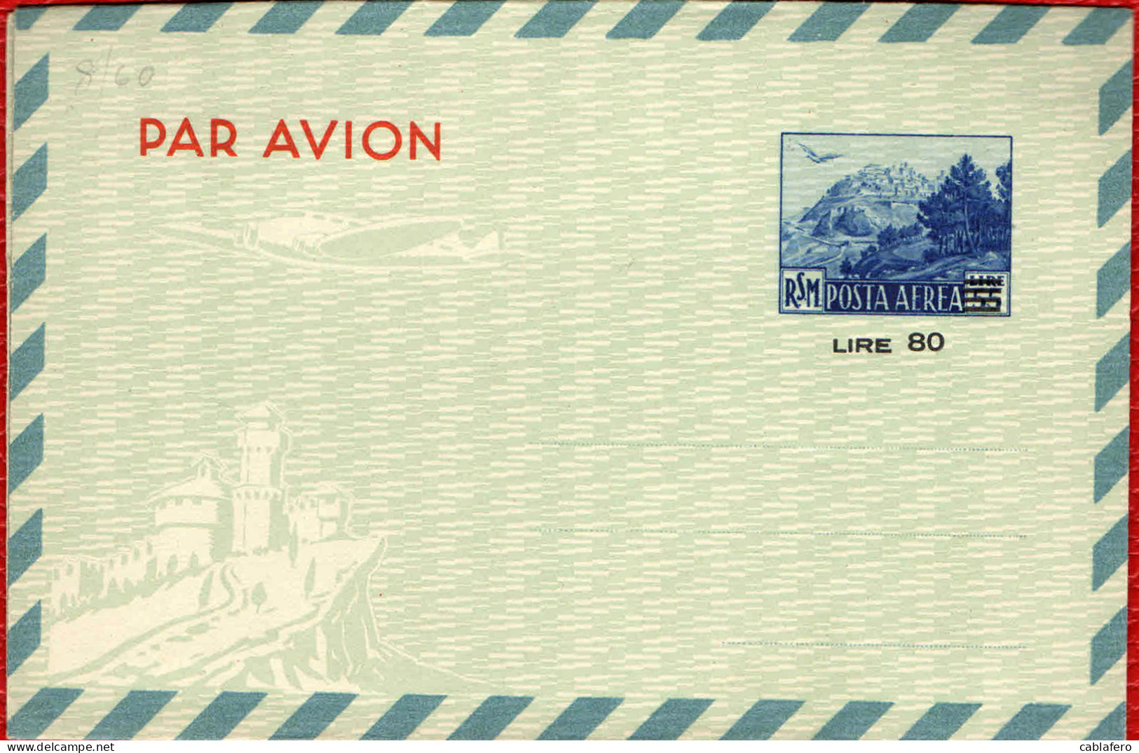 SAN MARINO - 1951 - AEROGRAMMA CON SOVRASTAMPA NUOVO VALORE - 80 LIRE SU 55 - MNH - Poste Aérienne