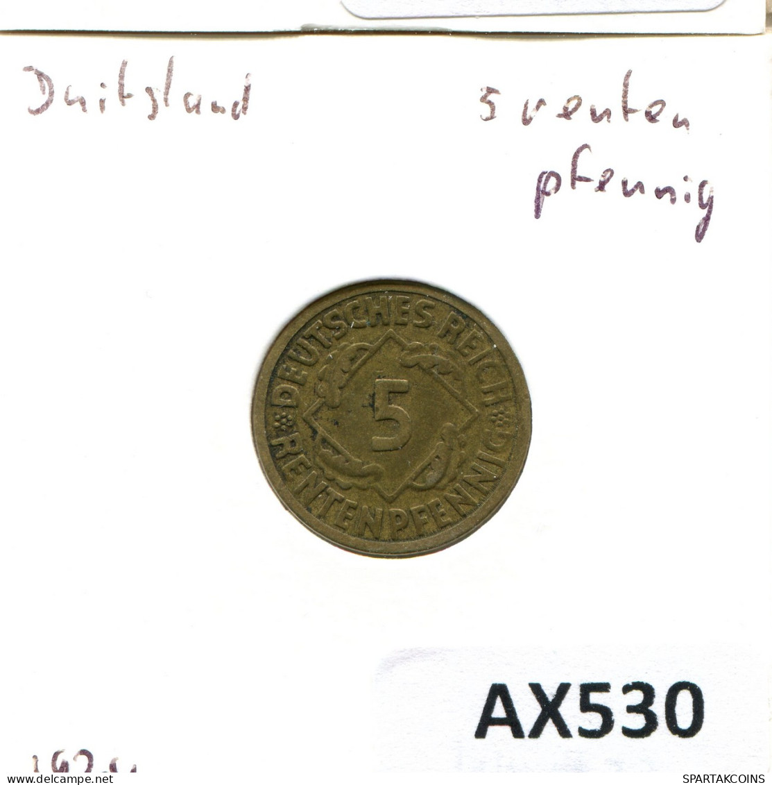 5 RENTENPFENNIG 1924 A GERMANY Coin #AX530.U - 5 Rentenpfennig & 5 Reichspfennig