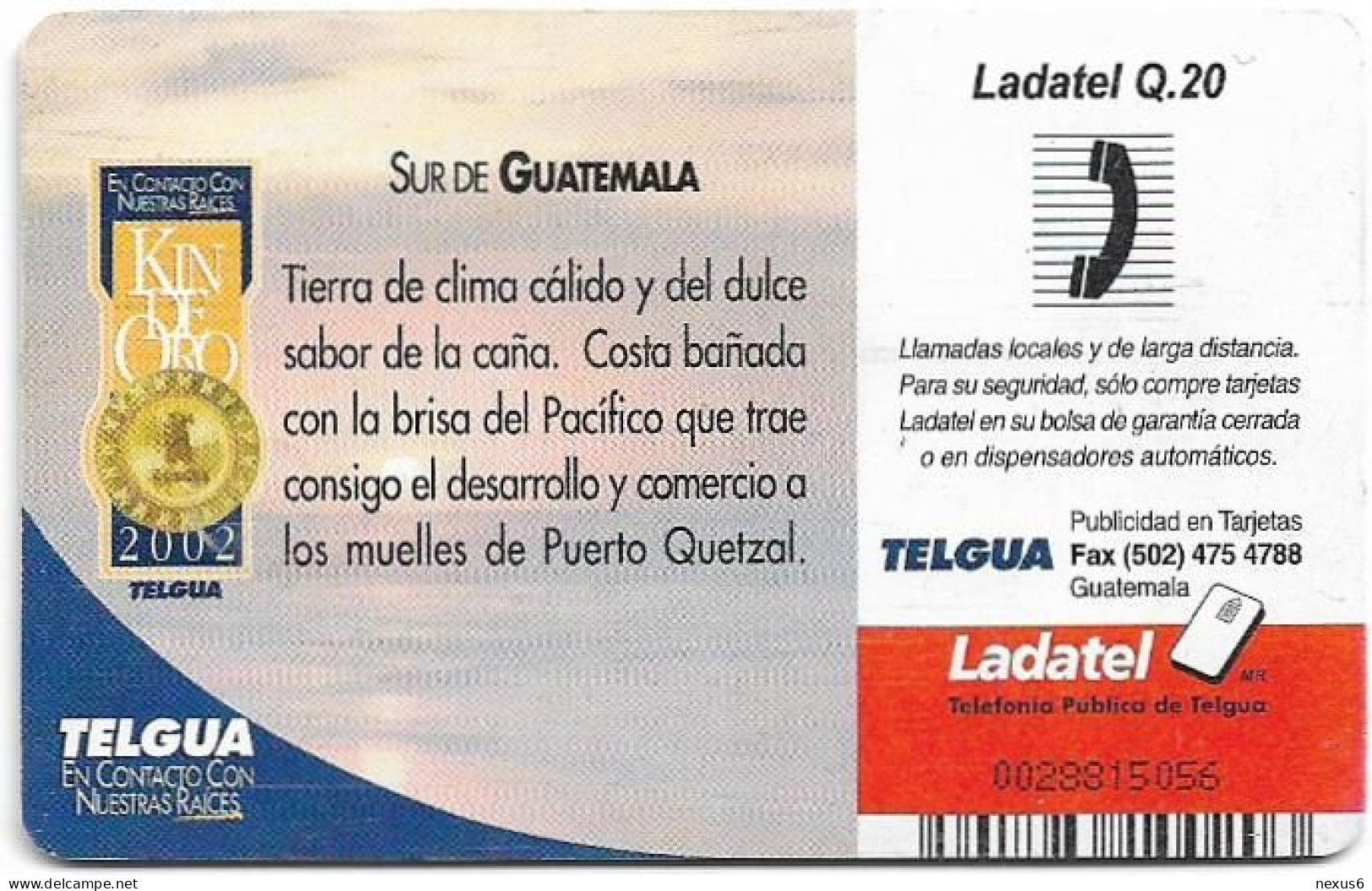 Guatemala - Telgua Ladatel - El Templo Uno De Tikal, Gem5 Black, 2003, 20Q, Used - Guatemala