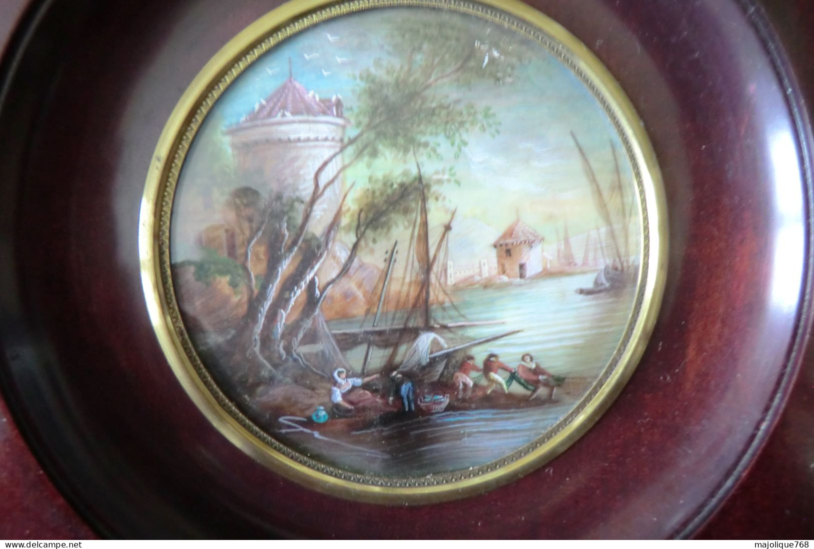 Ancienne Peinture Miniature Paysage  De Pêcheurs Aux Filets - Voilier  Et Tour De Château - - Waterverf