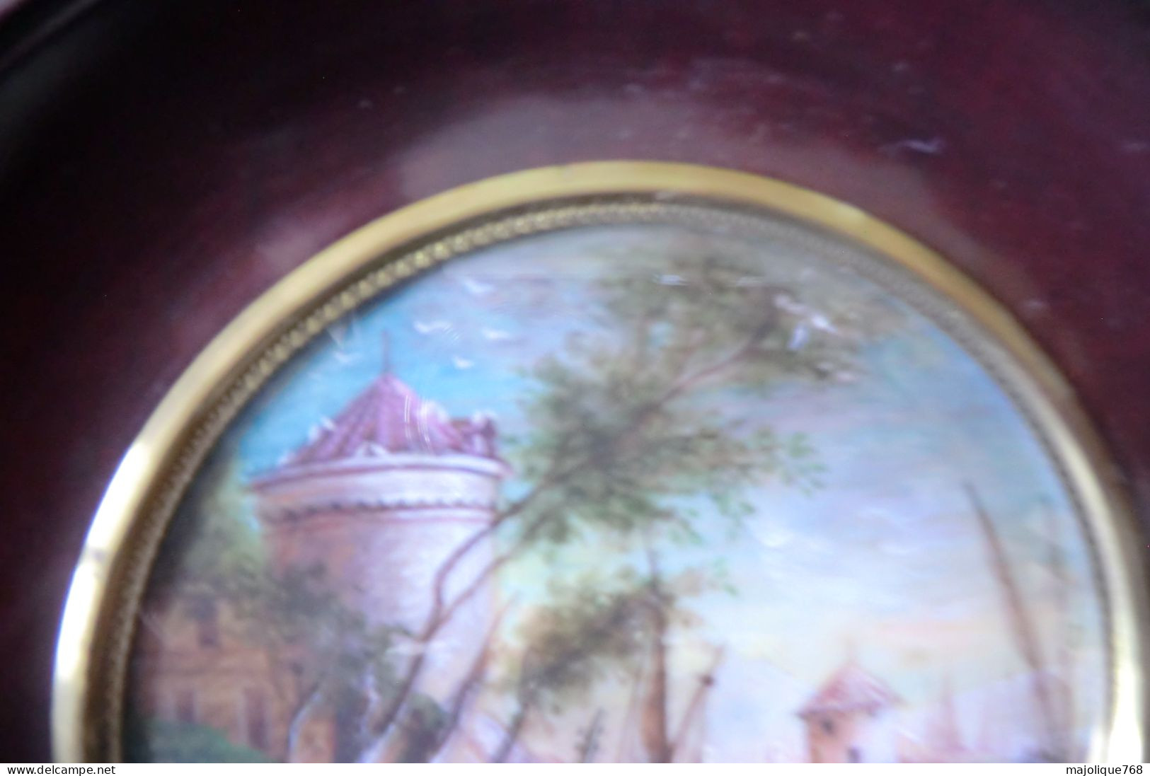 Ancienne Peinture Miniature Paysage  De Pêcheurs Aux Filets - Voilier  Et Tour De Château - - Waterverf