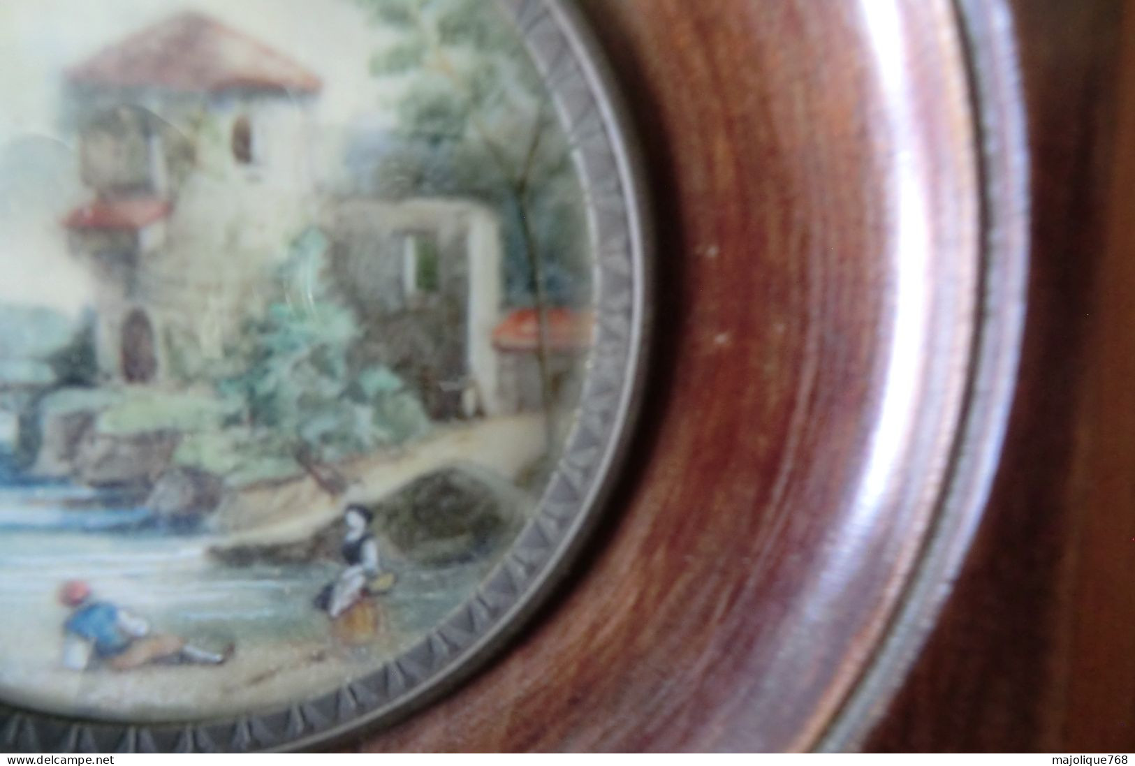 Ancienne Peinture Miniature Paysage Avec Personnages  Et Château - - Waterverf