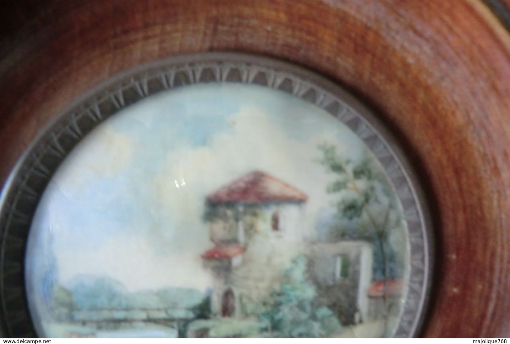 Ancienne Peinture Miniature Paysage Avec Personnages  Et Château - - Waterverf
