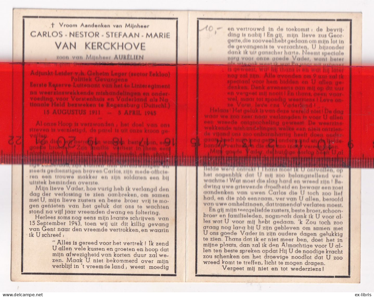 EEKLO - REGENSBURG - Carlos Nestor S. M. Van Kerckhove ° 15/08/1911 † Regensburg 05/04/1945 - Politiek Gevangene - Documents