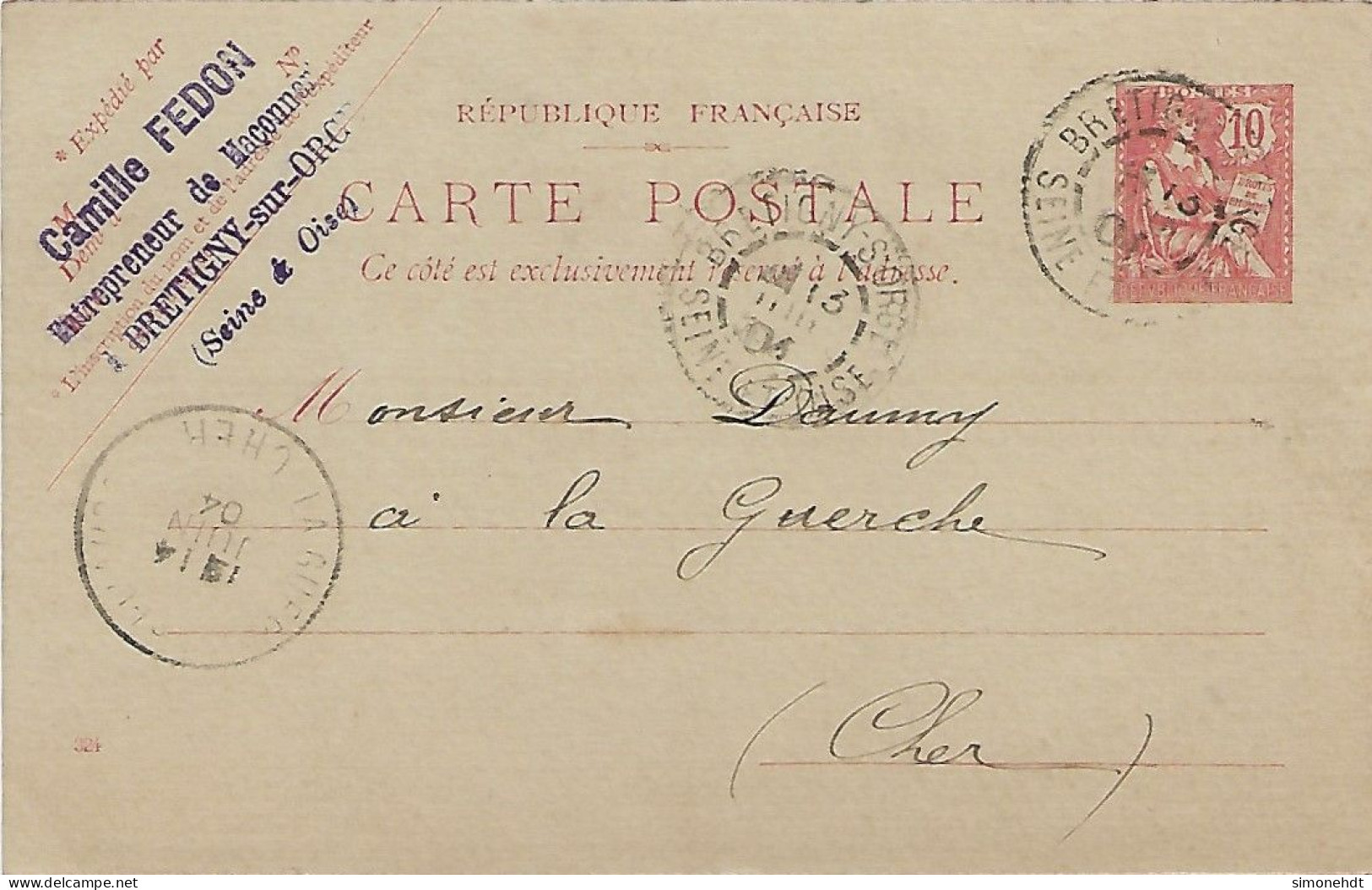 BRETIGNY Sur ORGE - Entreprise De Maçonnerie  Camille Fedon - Courrier Adressé à La GUERCHE ( Ets DAUMY ) En 1904 - Bretigny Sur Orge