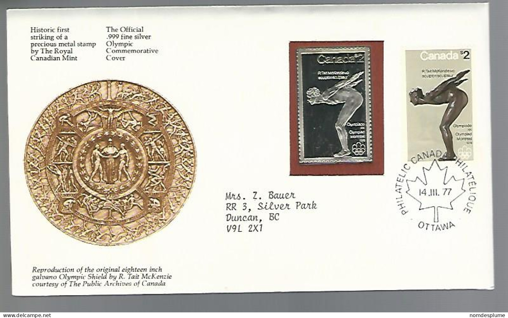 58030)  Canada Royal Mint Metal Stamp Olympiade Ottawa Postmark Cancel 1977  - Estuches Postales/ Merchandising