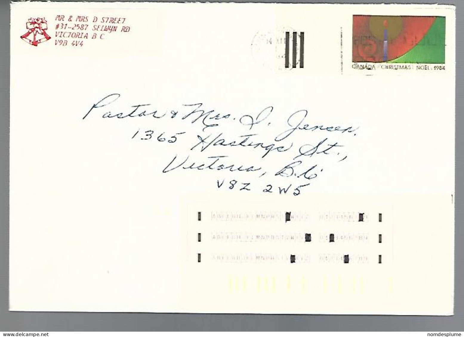 58040)  Canada Christmas Labels Postmark Cancel 1984 - Brieven En Documenten