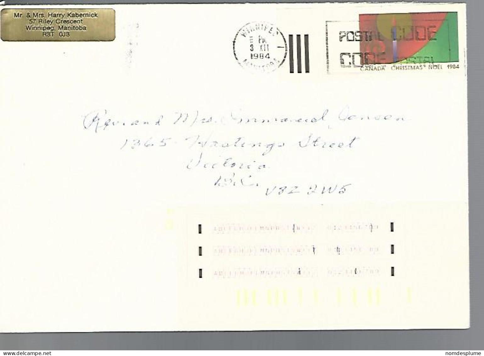 58041)  Canada Christmas Labels Postmark Cancel 1984 - Lettres & Documents