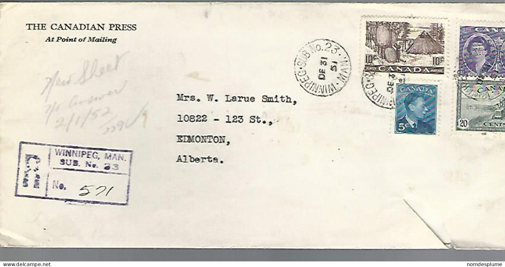 58048)  Canada Registered Winnipeg Sub No 23  Postmark Cancel 1951 Tear On Front - Einschreibemarken