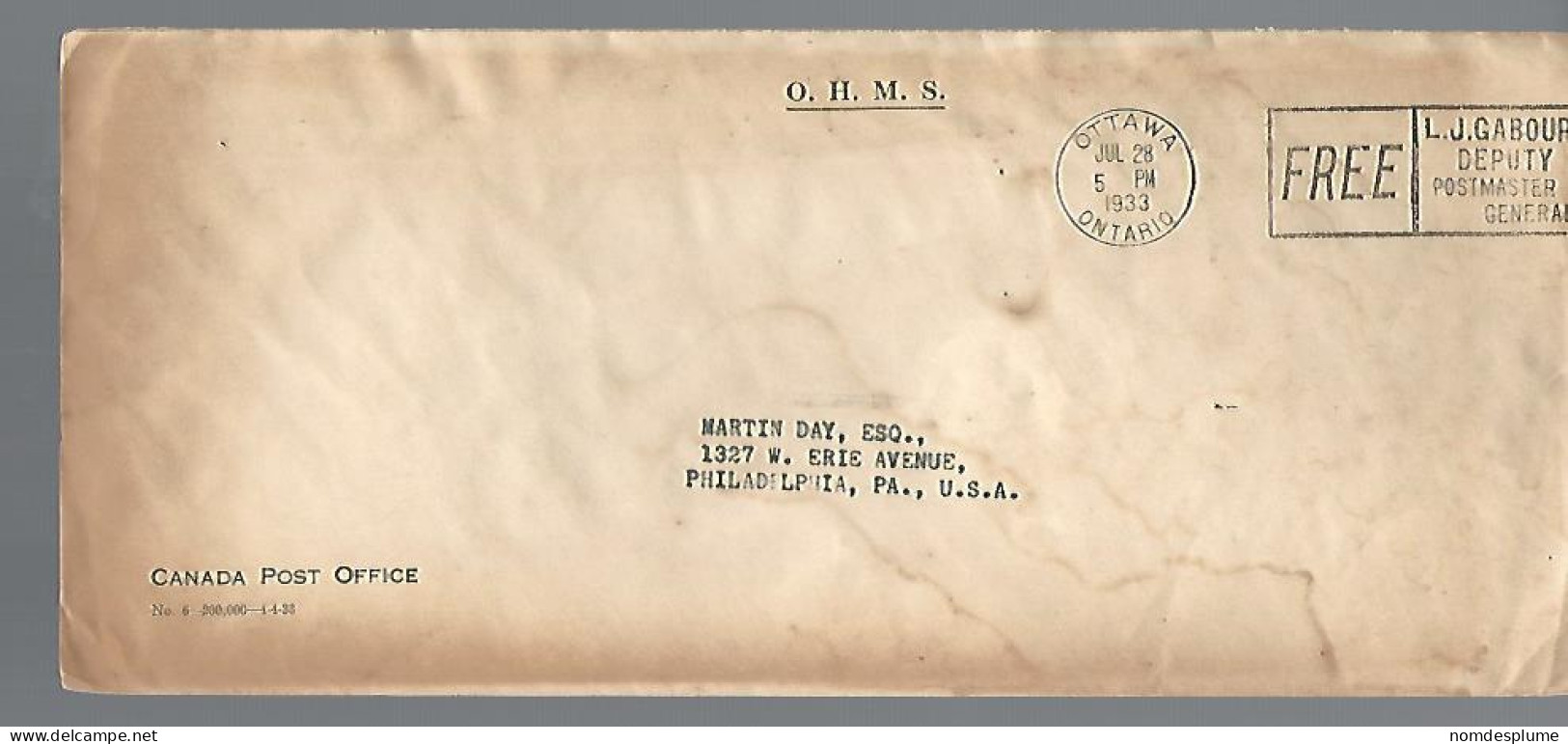 58049)  Canada Official O.H.M.S. Free Postage Ottawa  Postmark Cancel 1933 - Altri & Non Classificati