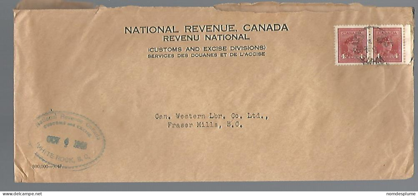 58050)  Canada Official Perfin Whiterock Postmark Cancel 1948 - Perforés