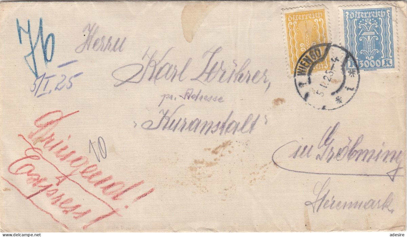 ÖSTERREICH ROHRPOST Express Brief 1925 - 700? + 3000 Kronen Auf Brief, Gel.v. Wien > Gröbning - Variétés & Curiosités