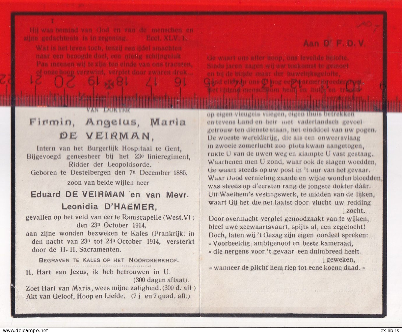 DESTELBERGEN - RAMSKAPELLE - CALAIS - Firmin De Veirman ° Destelbergen 07/12/1886 † Calais 24/10/1914 - 23ste Li. - Documents