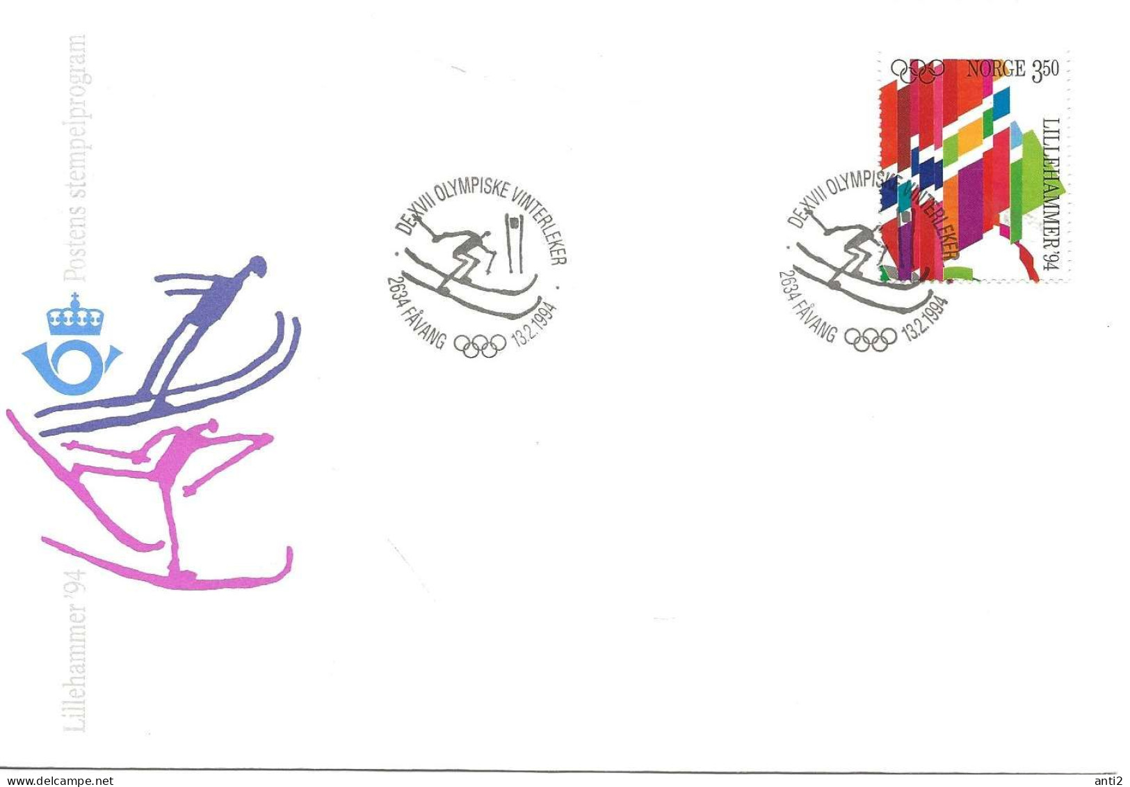 Norway Norge 1994 Winter Olympics, Lillehammer -  Flags Mi 1147  Special Cover Slalom Cancelled Fåvang 13.2.94 - Covers & Documents