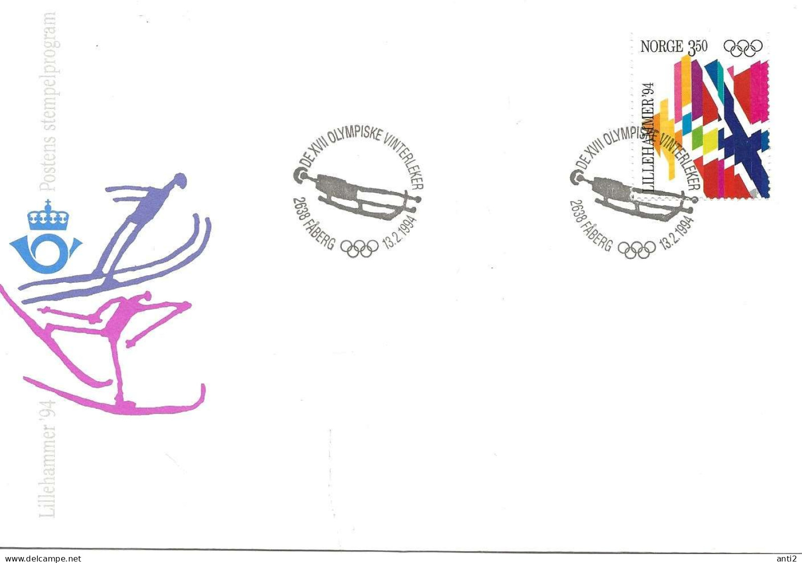 Norway Norge 1994 Winter Olympics, Lillehammer -  Flags Mi 1145  Special Cover Sledding  Cancelled Fåberg 13.2.94 - Cartas & Documentos