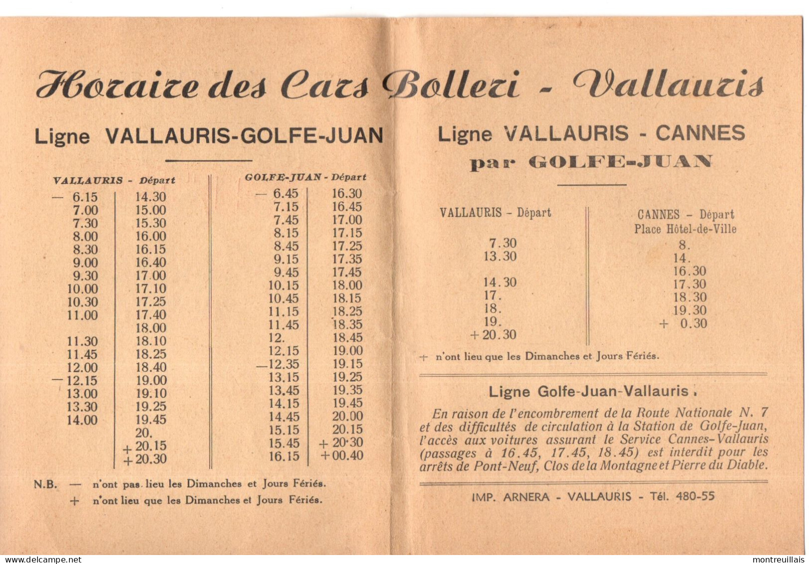 Autocars BOLLERI à VALLAURIS, Services Réguliers, Excursions, Golfe JUAN CANNES, Horaires, Cars, Transport - Programmes