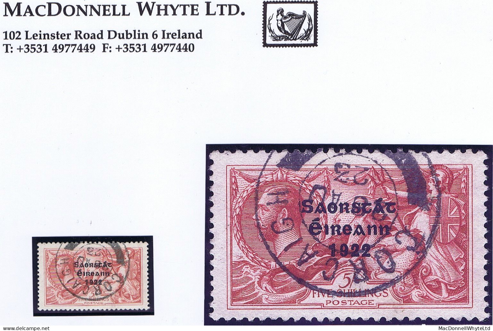 Ireland 1922-23 Thom Saorstat 3-line Overprint In Blue-black On 5/- Rose-red, Fresh Used Clear Cork Cds 28 AU 23 - Usati