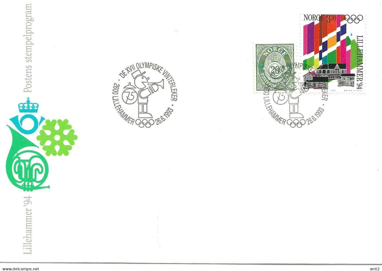 Norway Norge 1993 Winter Olympics, Lillehammer - Flags Mi 1105 Special Cover - Special Cancellation Lillehammer 26.6.93 - Cartas & Documentos