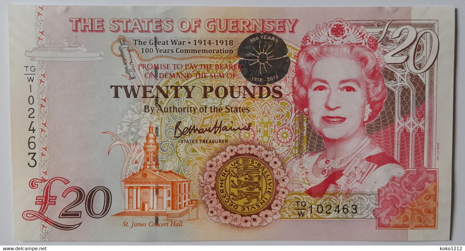 Guernsey 20 Pounds 2018 P63 Commemo WWI UNC - Guernsey