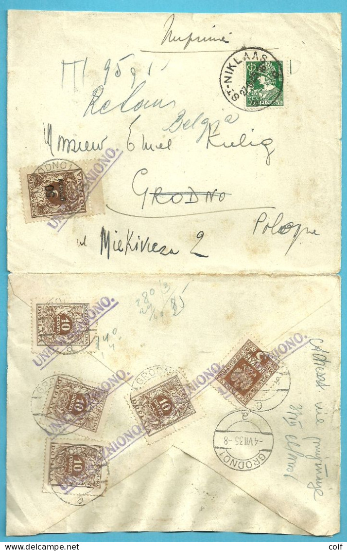 340 Op IMPRIME Stempel ST-NIKLAAS Naar GRODNO (Polen), Getaxeerd (taxe) Met Stempel UNIE WAZNIONO - 1932 Ceres And Mercurius