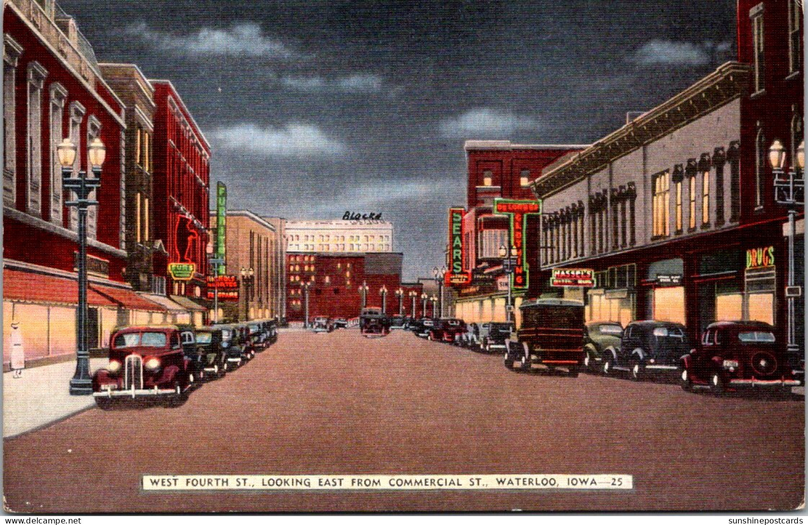 Iowa Waterloo West Fourth Street Looking East From Commercial Street At Night - Waterloo